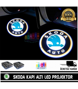 Skoda Araçlar İçin Mesafe Sensörlü  Fotoselli Pilli Yapıştırmalı Kapı Altı Led Logo